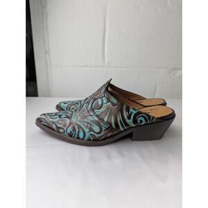 Patricia Nash Battista Mules Shoes US 6.5 Floral Turquoise Brown Leather Cowgirl